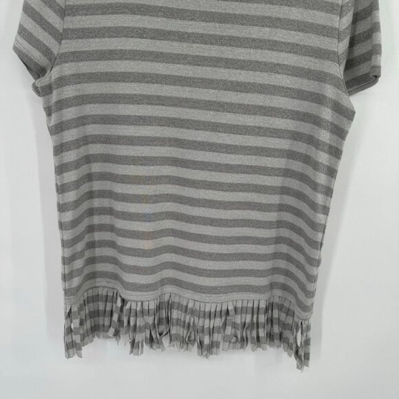 Chicos 2 Womens Size large Gray metallic Striped Short Sleeve Top fringed Hem - Picture 3 of 12